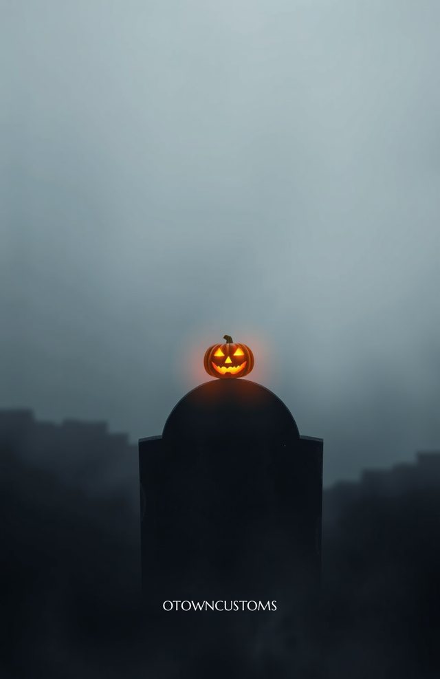 Glowing Pumpkin in Foggy Cemetery
