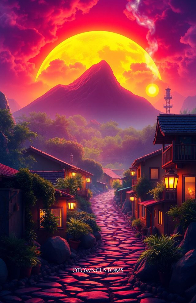 Vibrant Sunset Village Bright Vector