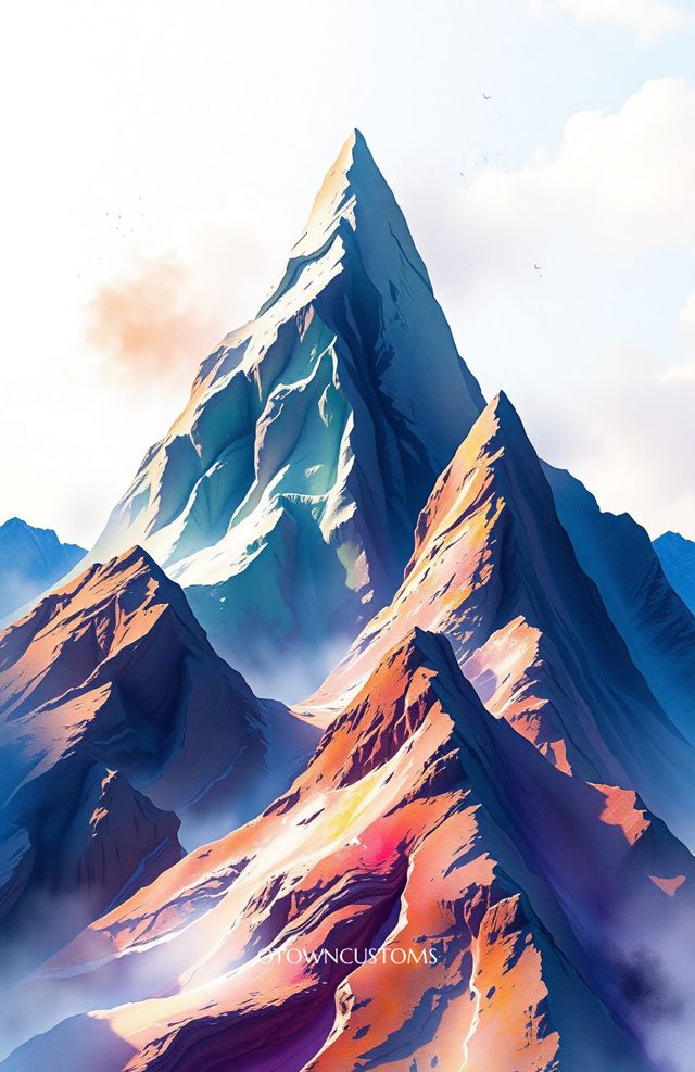 Vibrant Mountain Art Futuristic Watercolor