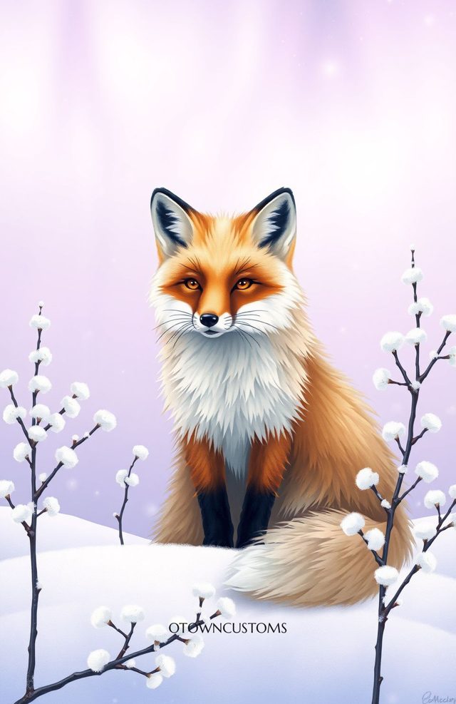 Digital Painting Arctic Fox Winter Bloom
