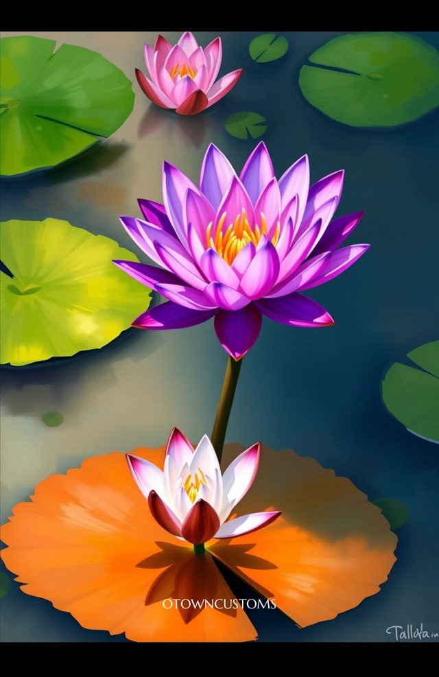Blooming Water Lily Pond Stylized Watercolor