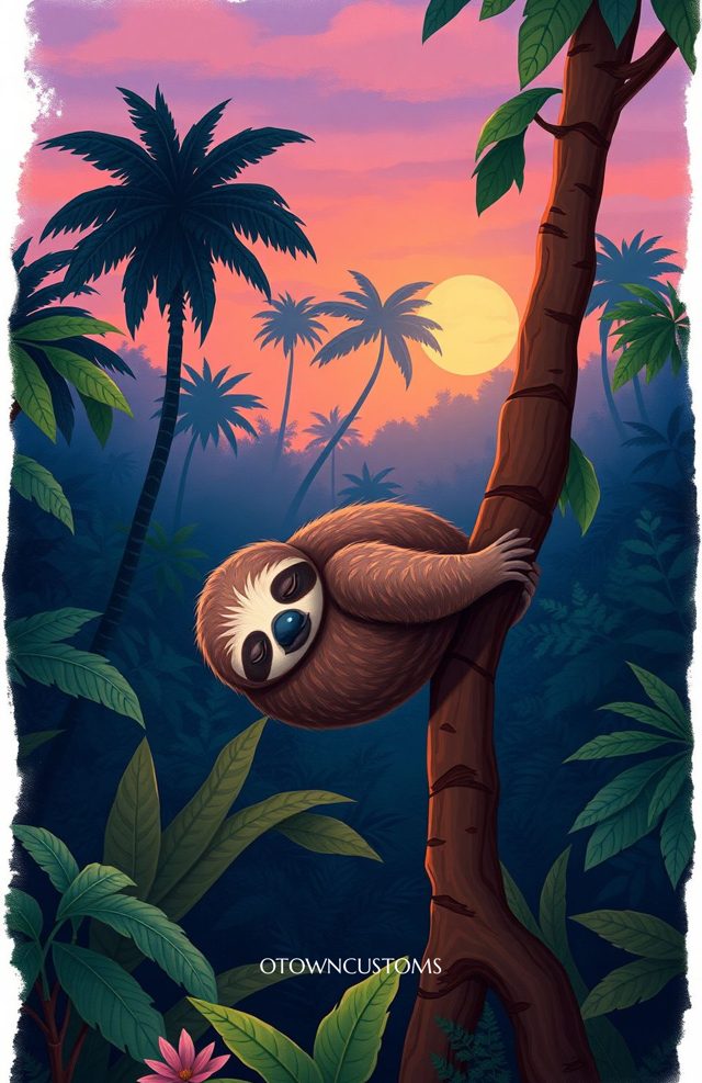 Cute Sleepy Sloth Tropical Sunset Rainforest