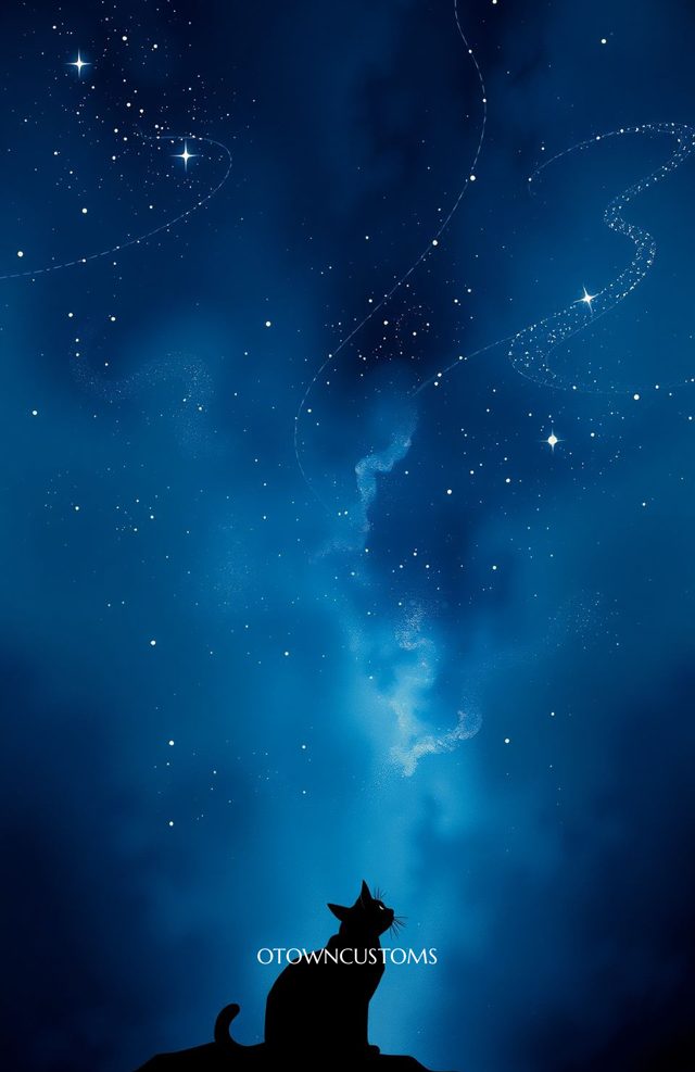 Whimsical Cat Stargazing Silhouette Night Sky