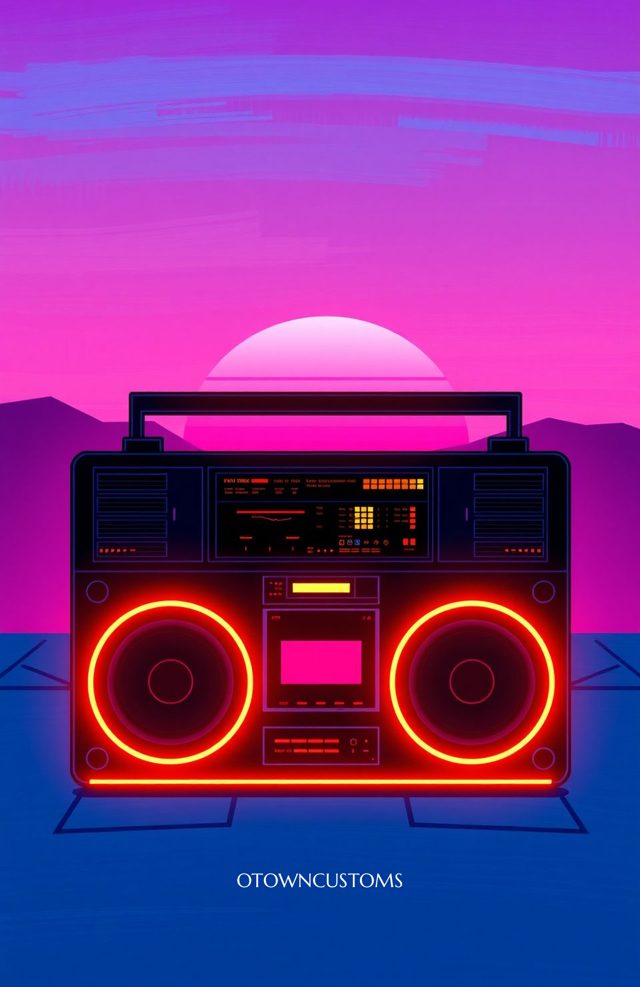 80s Synthwave Art Retro Boombox Sunset