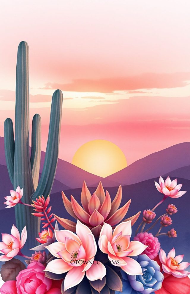 Desert Sunset Illustration Succulent Garden Bloom Phone Case For iPhone Samsun