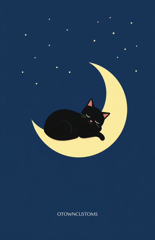 Crescent Moon Cat Nap Minimalist Cartoon