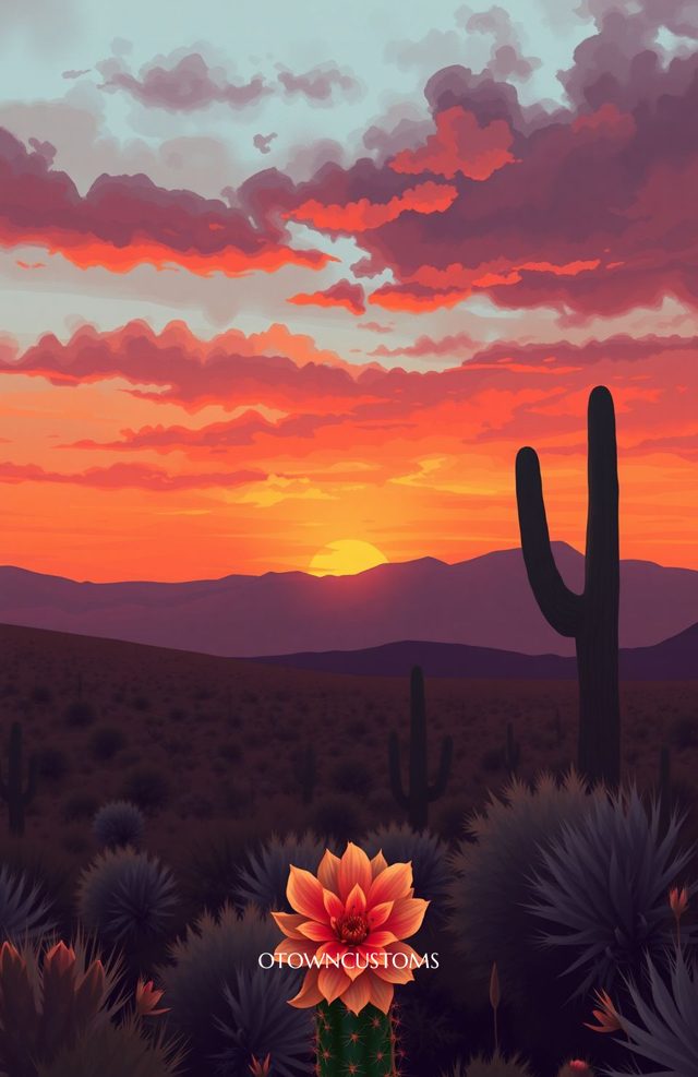 Cactus Bloom Desert Sunset Illustration