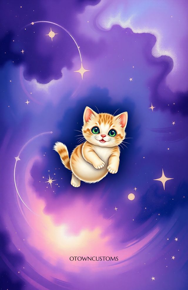 Whimsical Cartoon Art Galactic Kitten