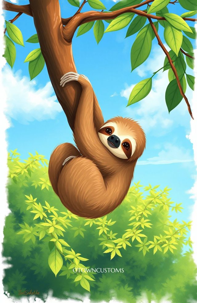 Cartoon Sloth Hanging Lazy Day