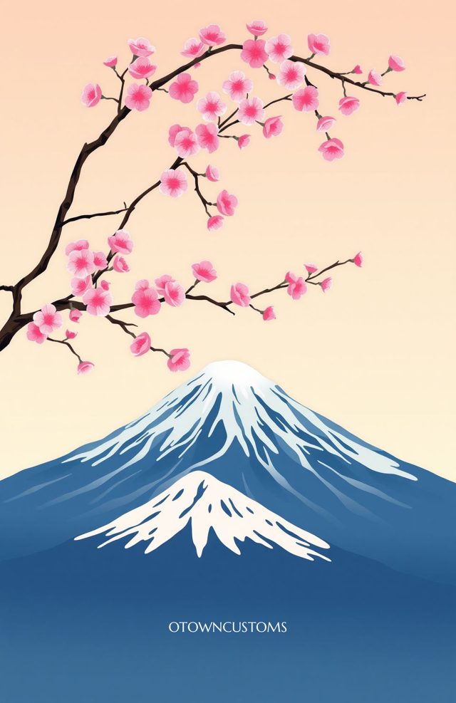 Fuji Mountain Cherry Blossom Stylized