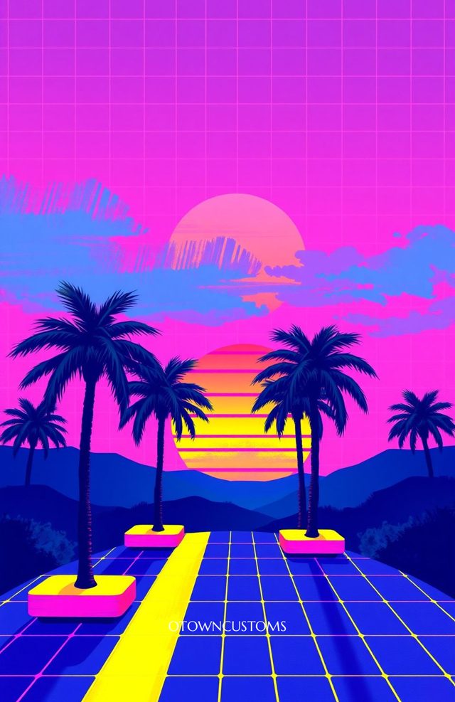 Vaporwave Retro Grid Phone Case Sunset Palm Trees For iPhone Samsung